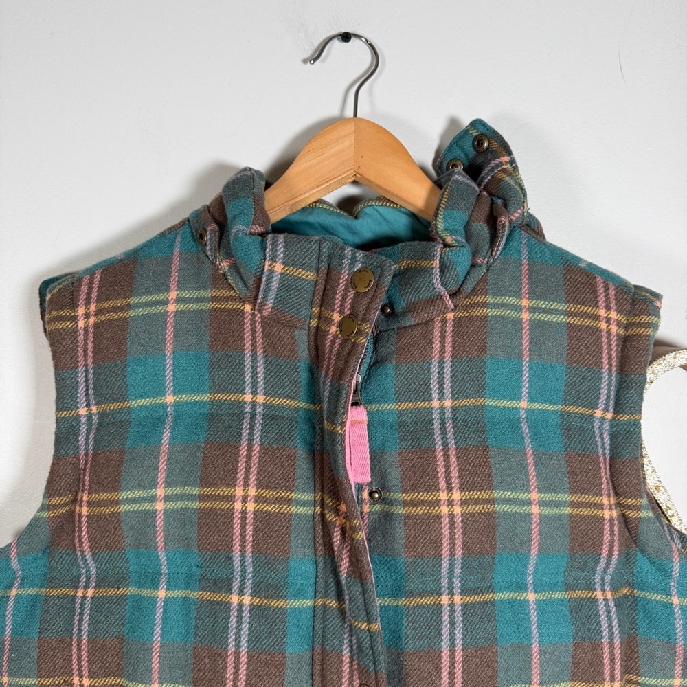 Boden Teal Brown Pink Yellow Plaid Pembroke Hooded Puffer Vest Size 16 - Picture 4 of 16
